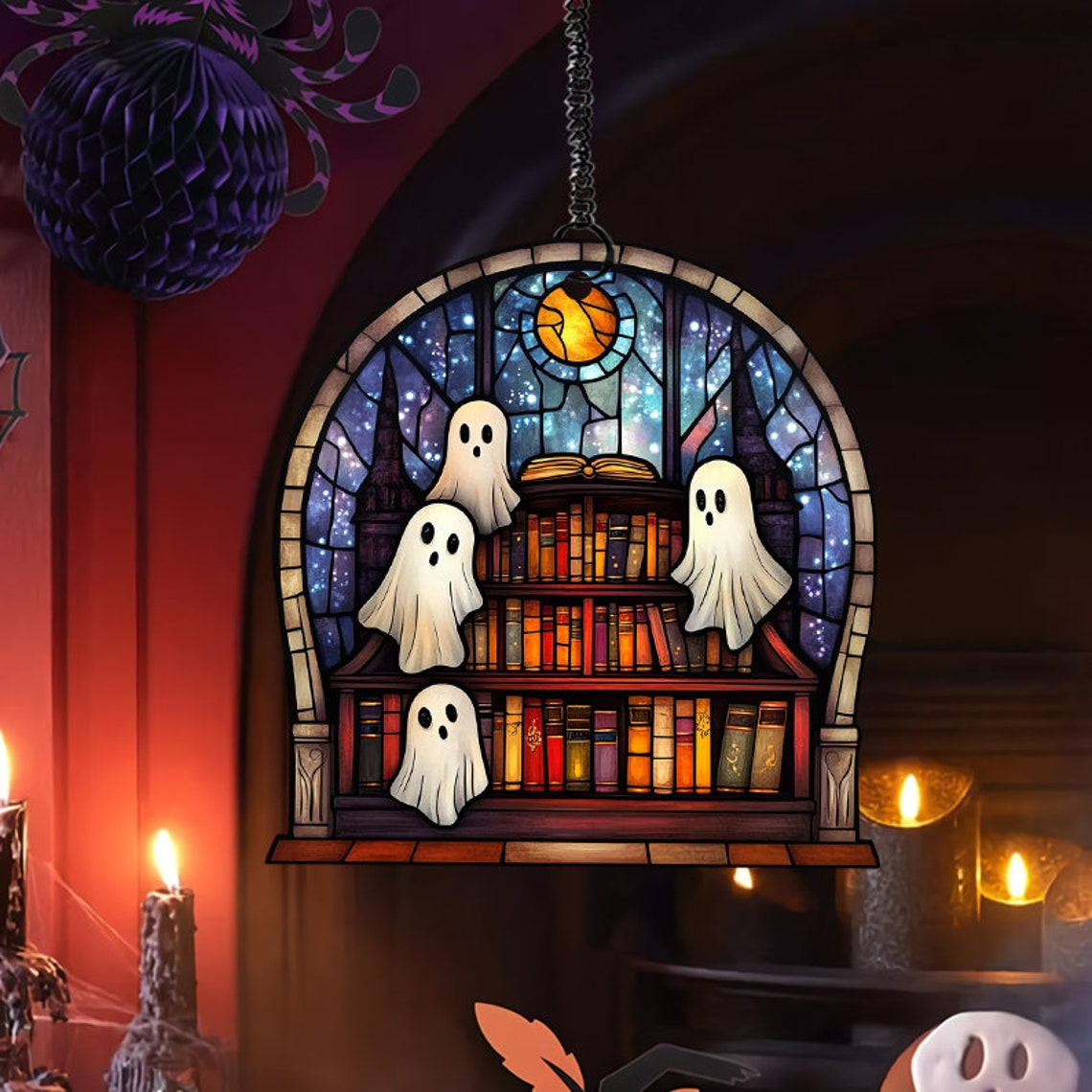 Classic Ghosts in Haunted Library Ornament Suncatcher, Spooky Ghost Home Decor Gift