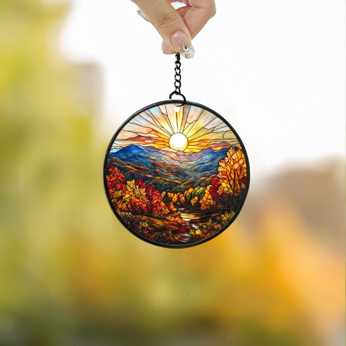 Smoky Mountains Hanging Suncatcher, Sunset Landscape Hanging Window Decor