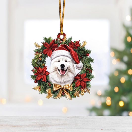 Cute Samoyed Dog Christmas Wreath Ornament, Samoyed Hanging Christmas Ornament Decor Gift