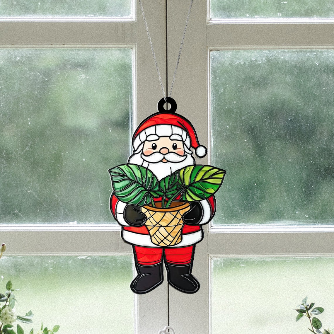 Cute Santa Monstera Pot Suncatcher Ornament, Monstera Window Hanging Christmas Decor