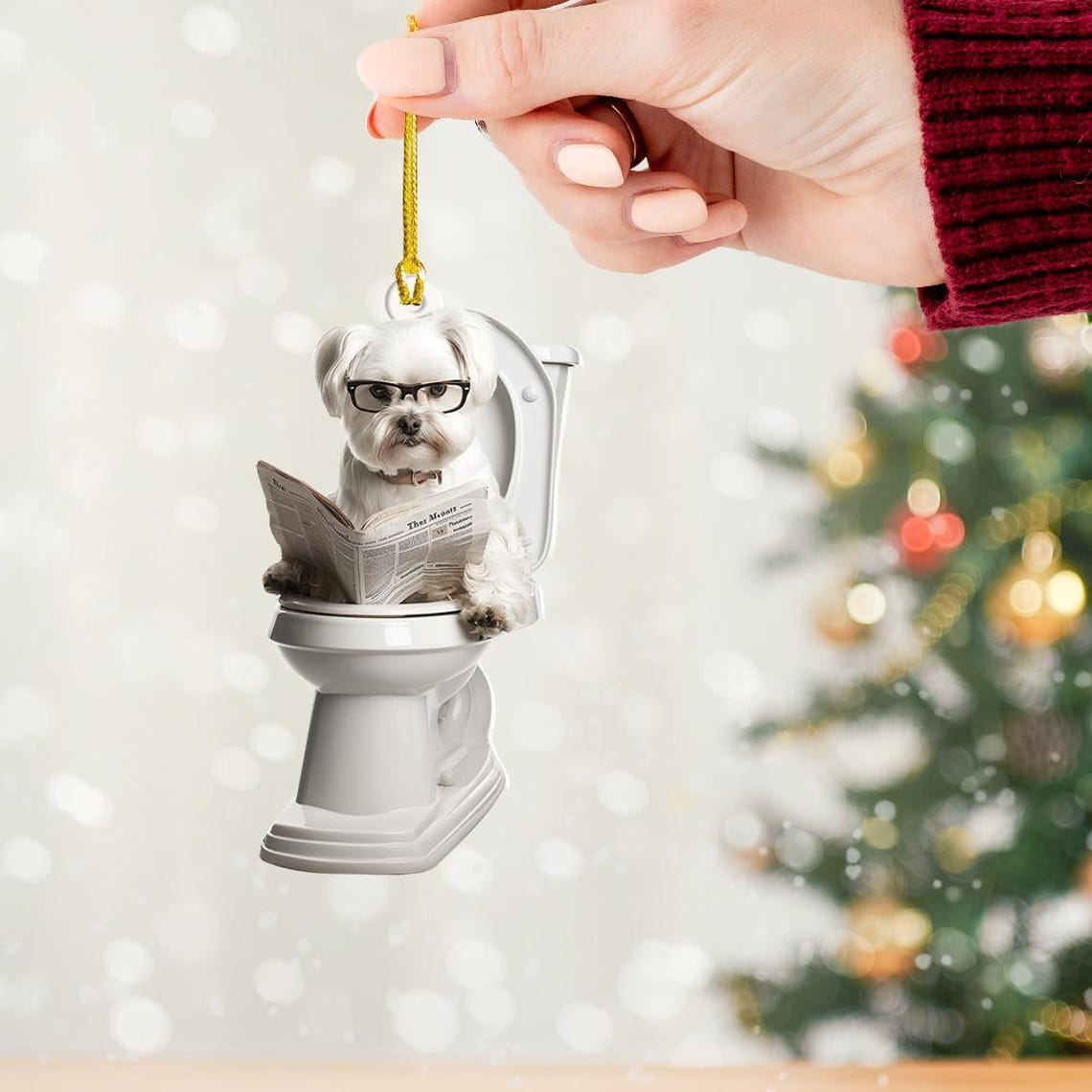 Funny Maltese Dog Sitting On Toilet Ornament, Cute Dog Reading Newspaper Ornament Christmas