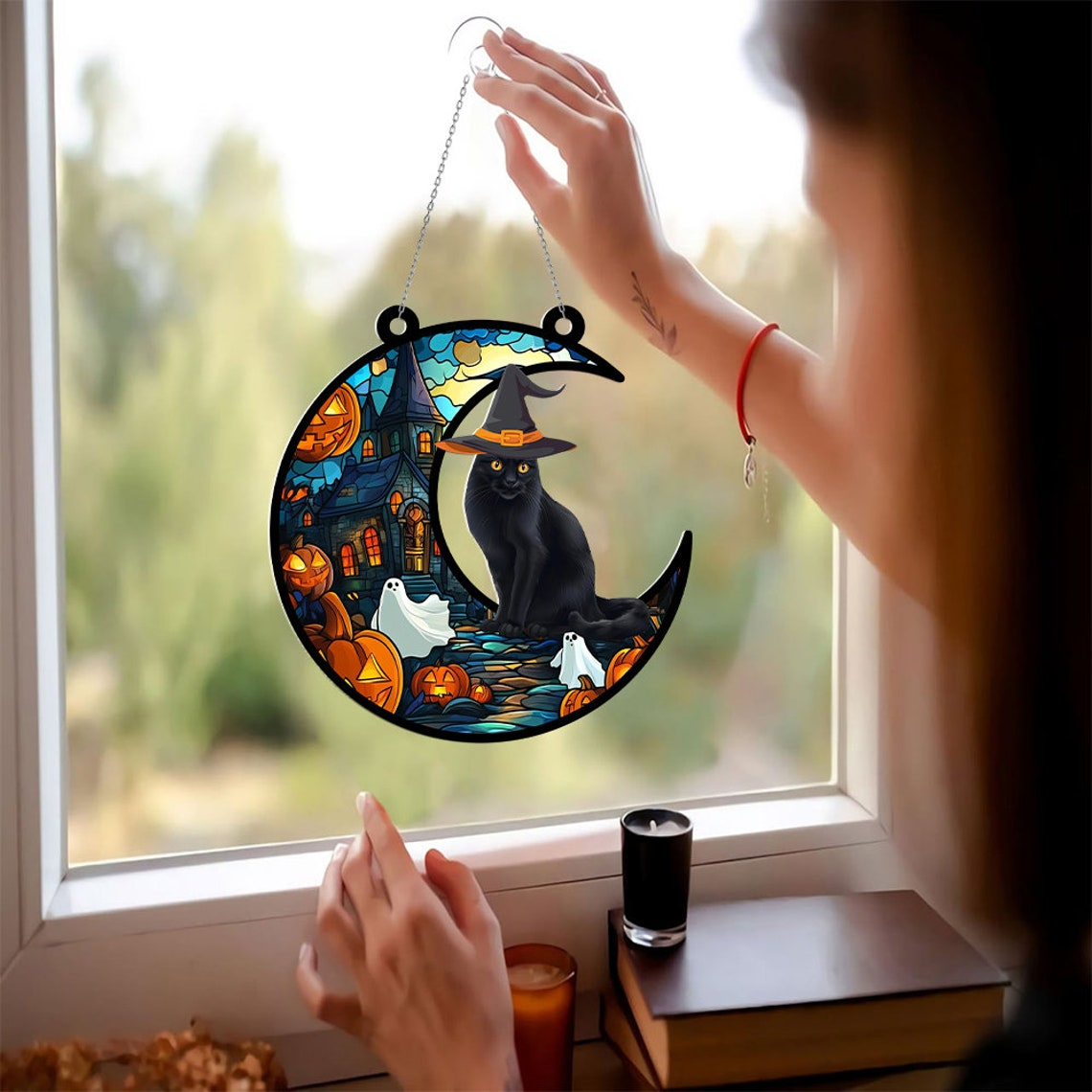 Witchy Cat on the Moon Haunted House Suncatcher, Cat Hanging Ornament Halloween Decor