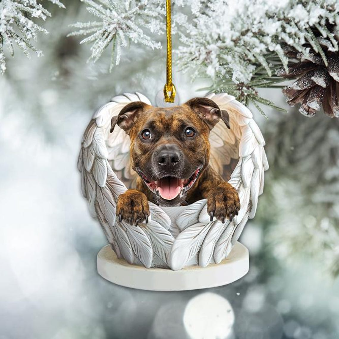 Christmas Brindle Staffy Dog Angel Wings Flat Ornament, Brindle Staffy Dog Christmas Ornament