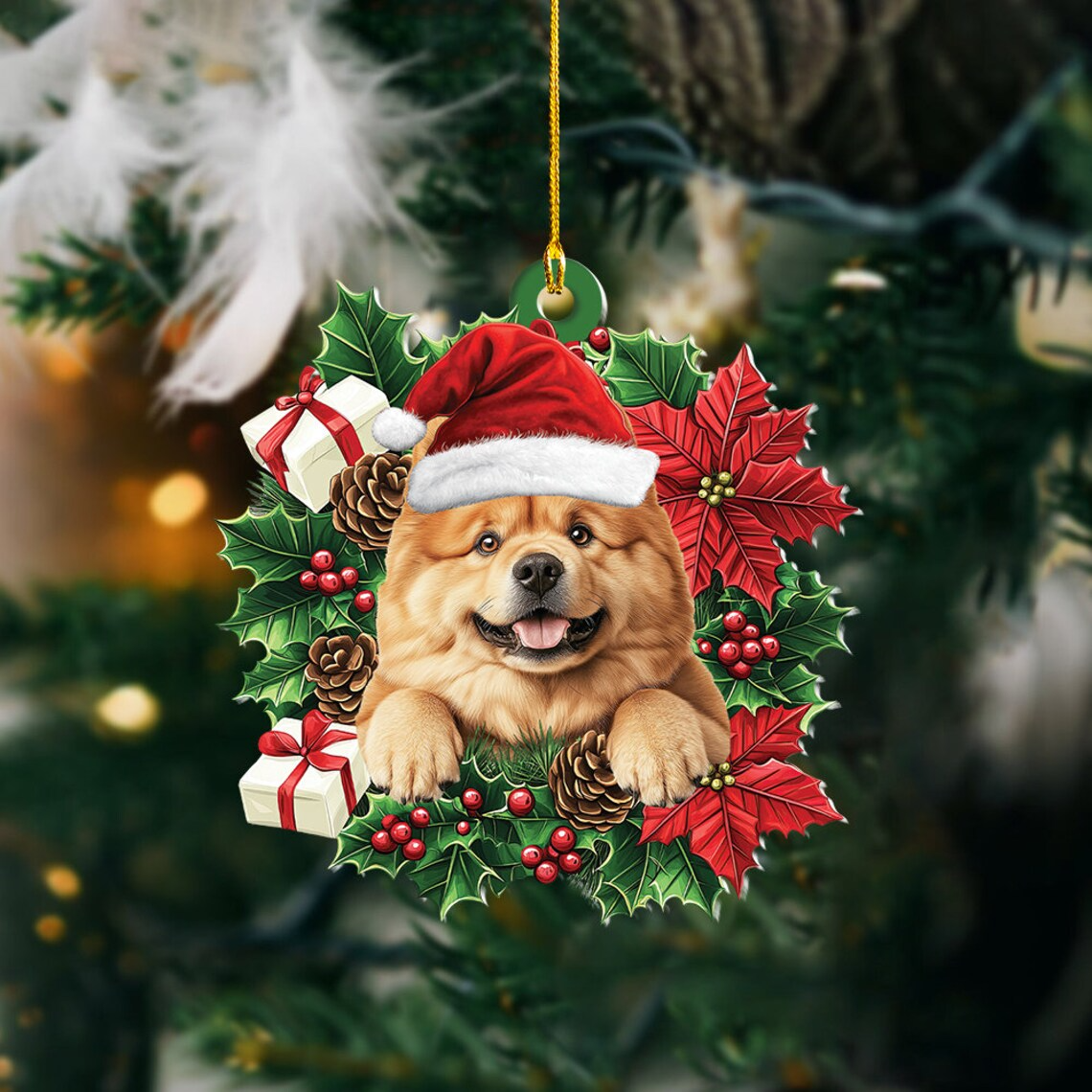 Chow Chow Dog Christmas Wreath Ornament, Chow Chow Dog Christmas Ornament Decor Holiday Gift