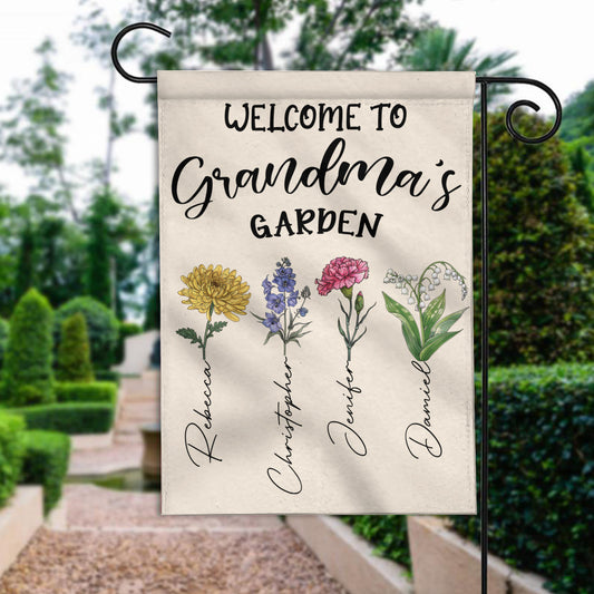 Welcome To Grandma's Garden Birth Month Flowers - Personalized Flag