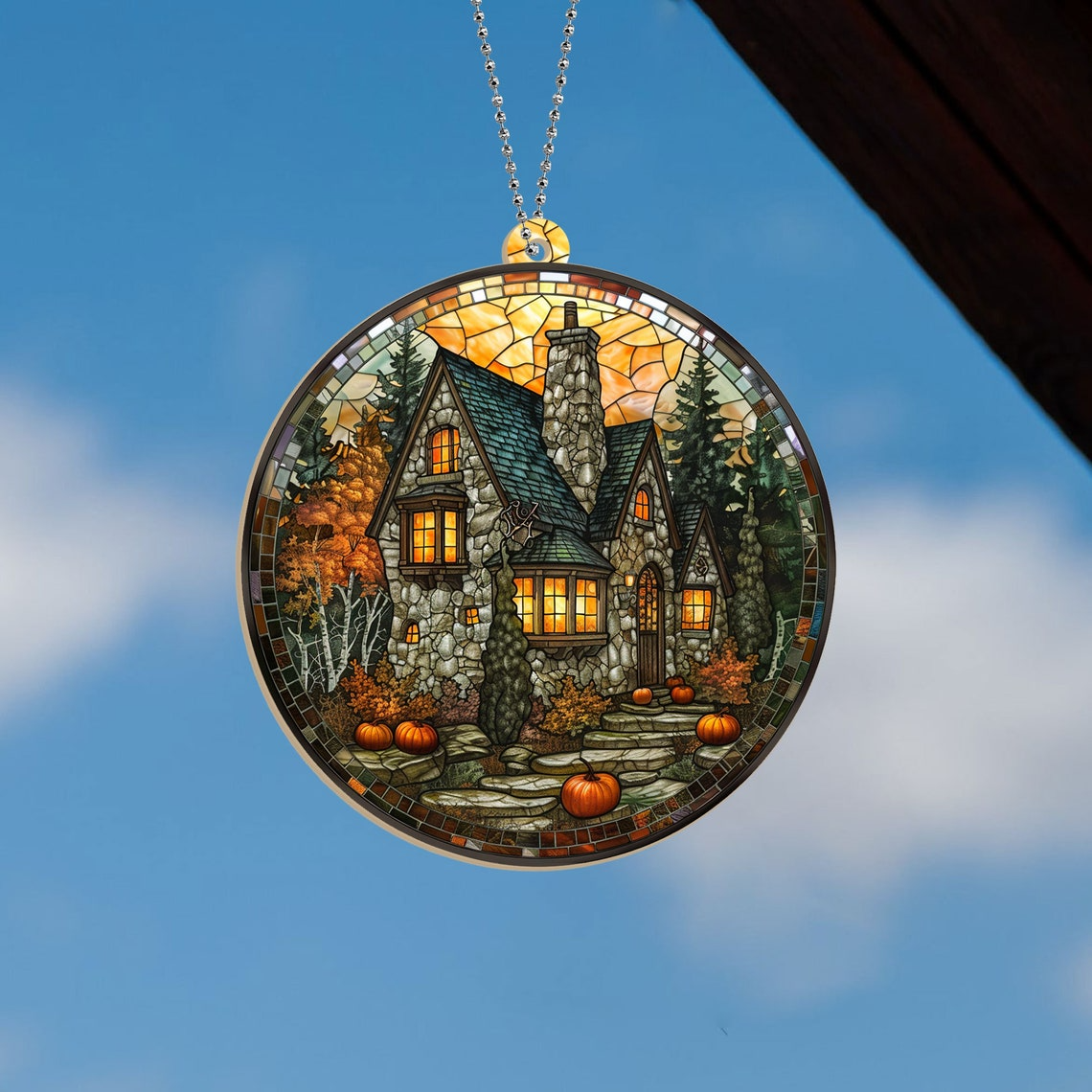 Wizard Castle with Pumpkin Suncatcher, Halloween Circle Suncatcher Ornament