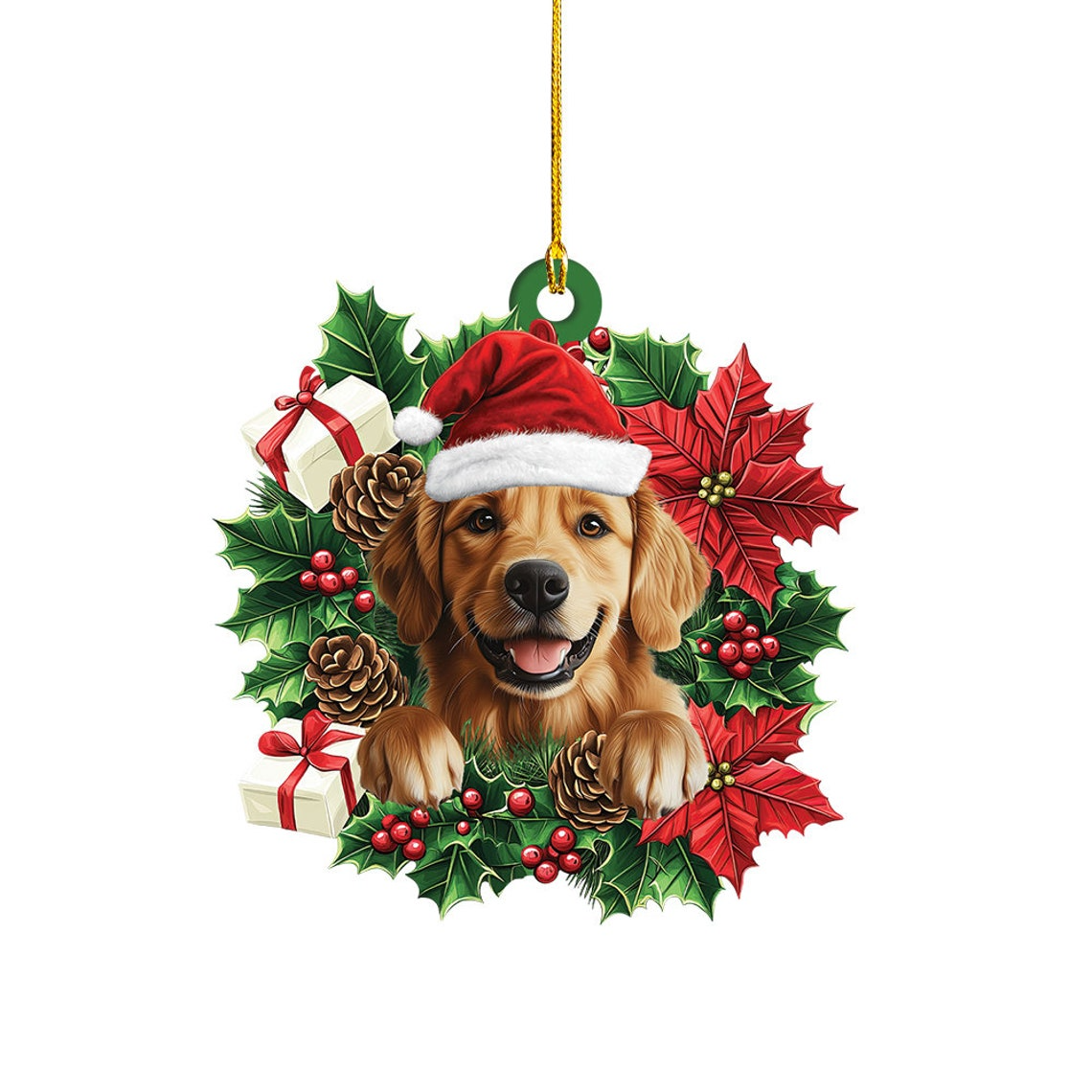 Golden Retriever Dog Christmas Wreath Ornament, Golden Retriever Dog Hanging Christmas Ornament