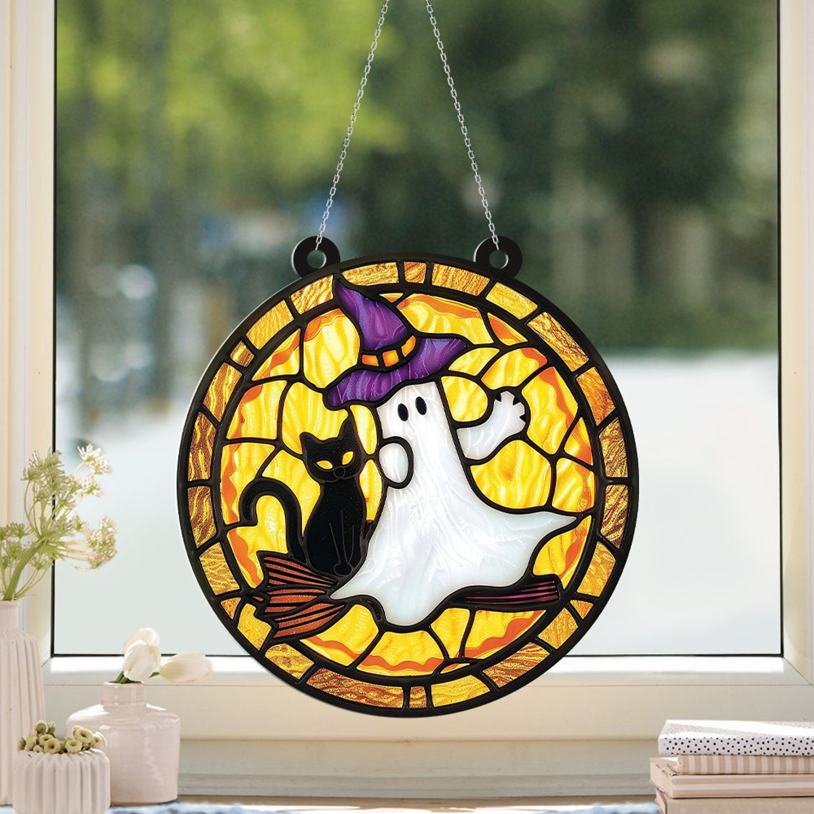 Black Cat & Witchy Ghost Halloween Suncatcher, Ghost Cat Hanging Window Ornament