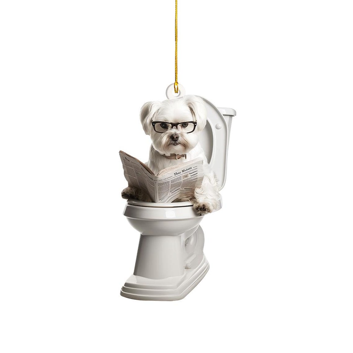 Funny Maltese Dog Sitting On Toilet Ornament, Cute Dog Reading Newspaper Ornament Christmas