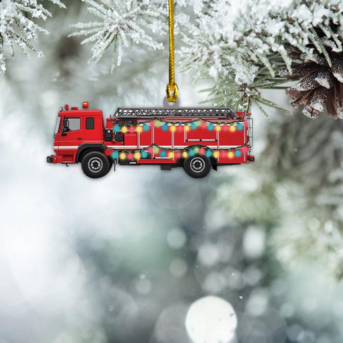 Fire Truck Hanging Christmas Light Ornament, Firefighter Christmas Tree Decor Ornament