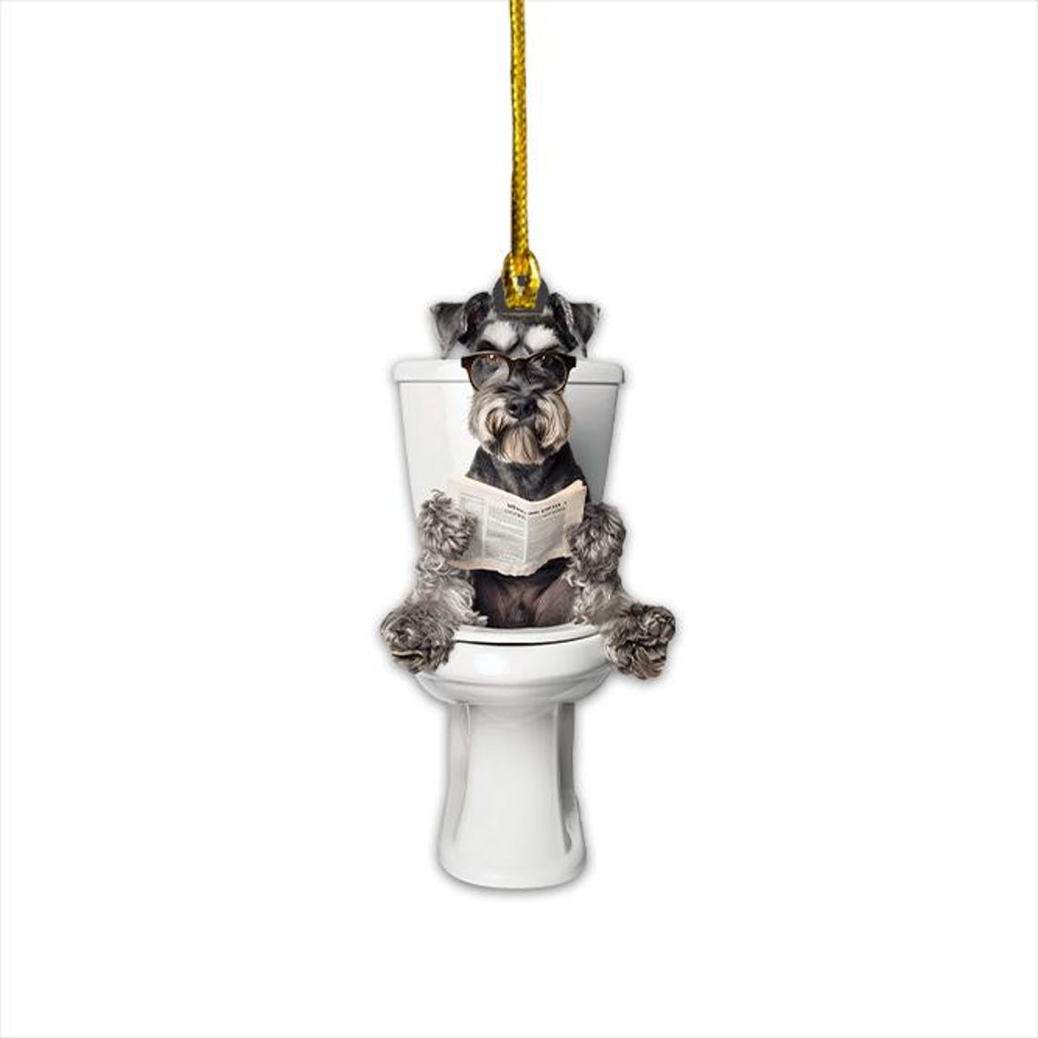 Miniature Schnauzer Dog Sitting On Toilet Ornament, Schnauzer Dog Reading Newspaper Ornament, Dog Car Christmas Gift