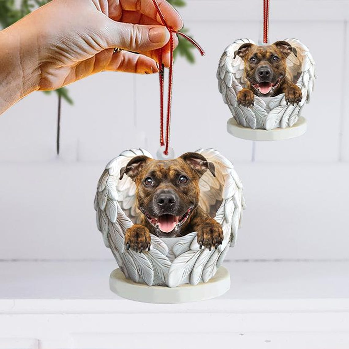 Christmas Brindle Staffy Dog Angel Wings Flat Ornament, Brindle Staffy Dog Christmas Ornament