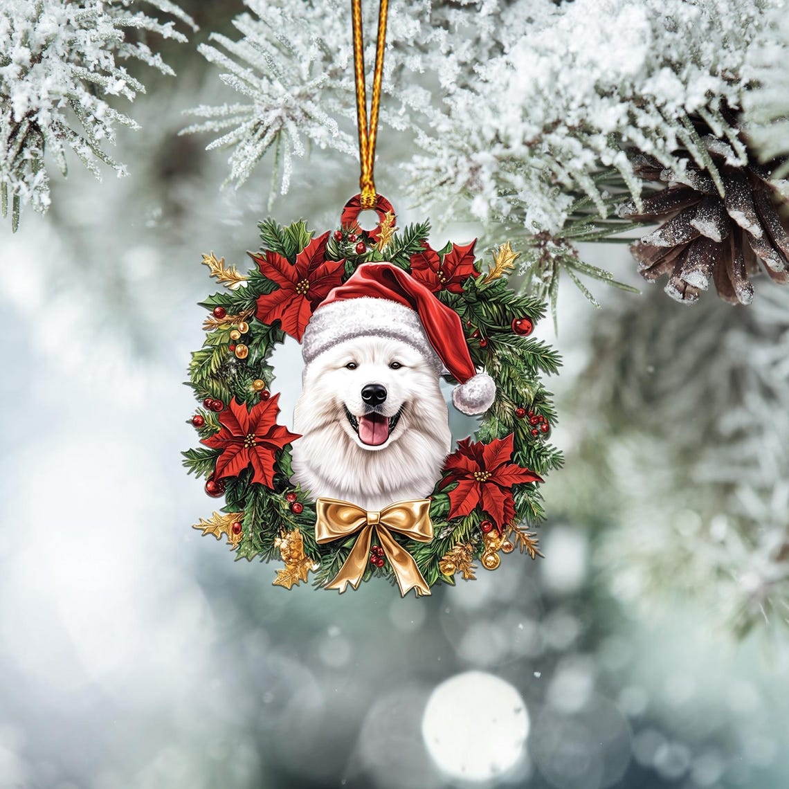 Cute Samoyed Dog Christmas Wreath Ornament, Samoyed Hanging Christmas Ornament Decor Gift