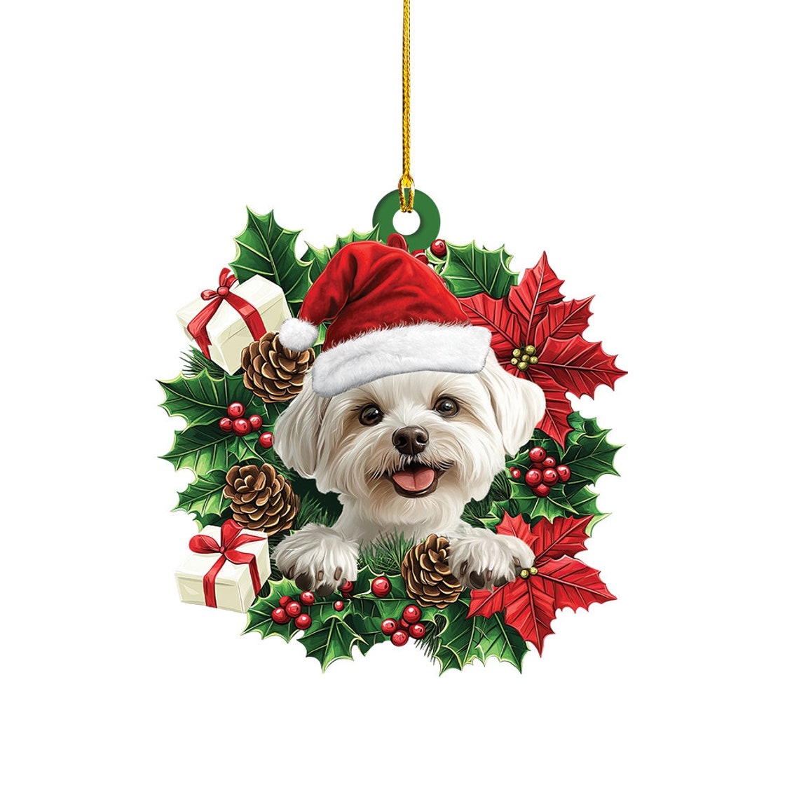 Maltese Dog Christmas Wreath Ornament, Baby Maltese Dog Funny Christmas Ornament Decor