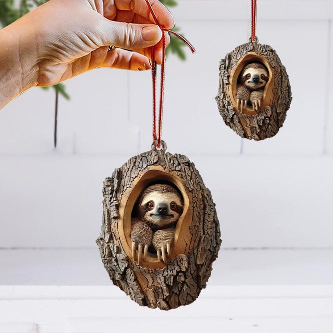 Sloth Flat Hanging Christmas Ornament, Christmas Sloth in the Hollow Tree Ornament Holiday