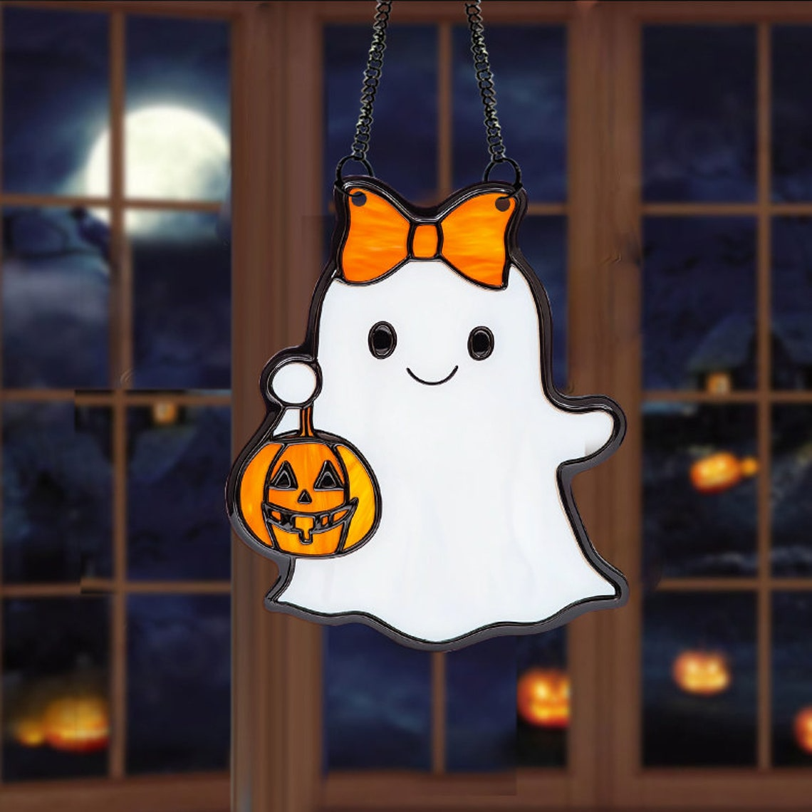 Ghost Pretty with Lantern Pumpkins Suncatcher, Cute Ghost Window Hanging Home Decor