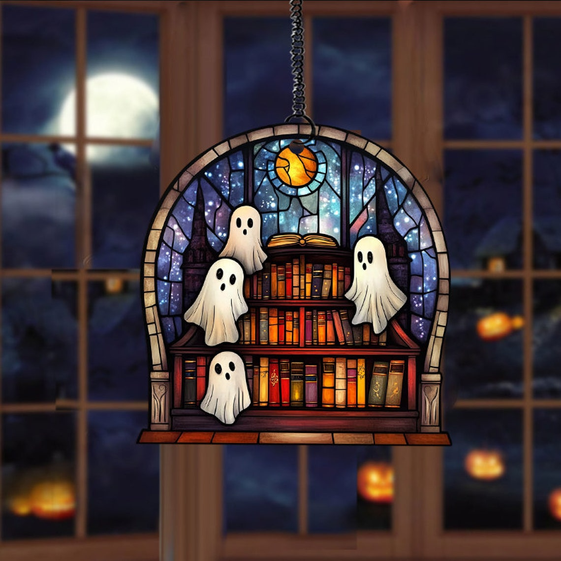 Classic Ghosts in Haunted Library Ornament Suncatcher, Spooky Ghost Home Decor Gift