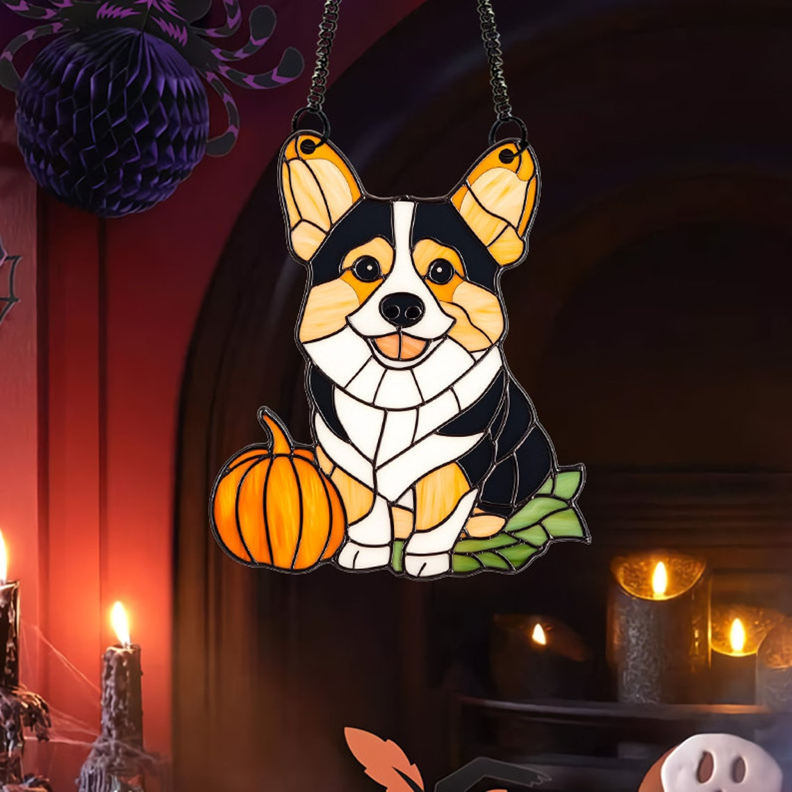 Cute Corgi Dog with Pumpkin Halloween Suncatcher, Corgi Dog Window Hanging Decor