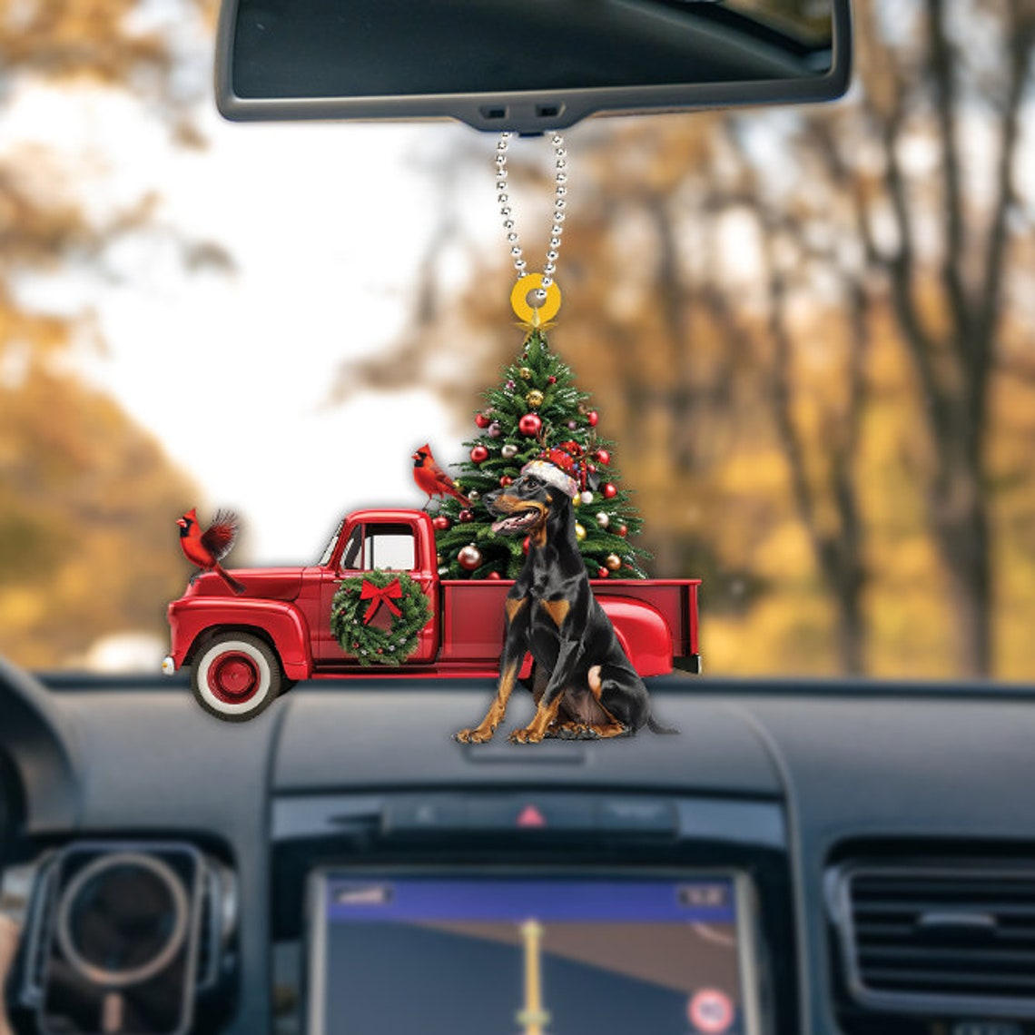 Christmas Doberman Pinscher Dog and Red Truck Ornament, Dobermann Dog Christmas Ornament Gif