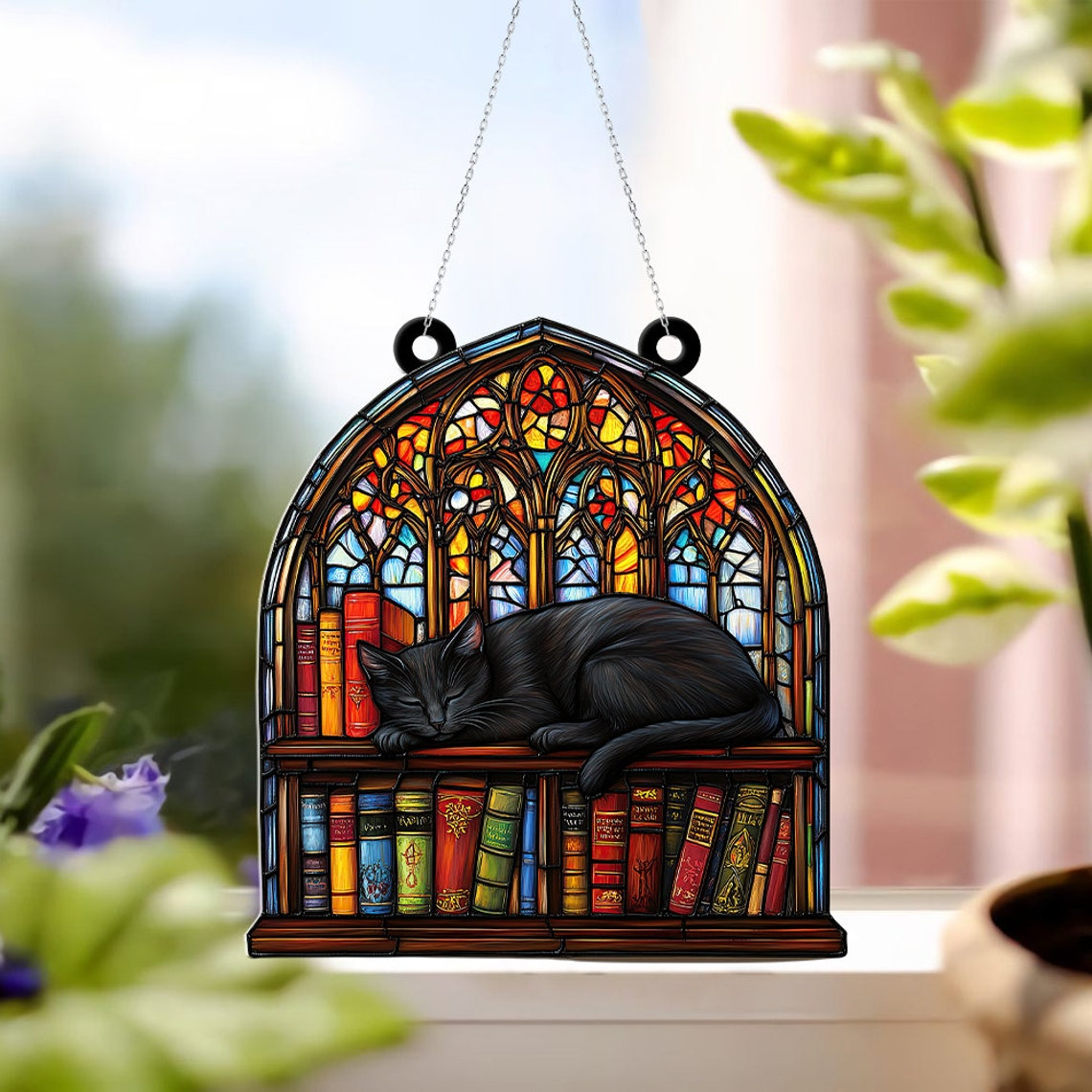 Black Cat Sleeping on Books Suncatcher, Pet Lovers Hanging Window Ornament Decor