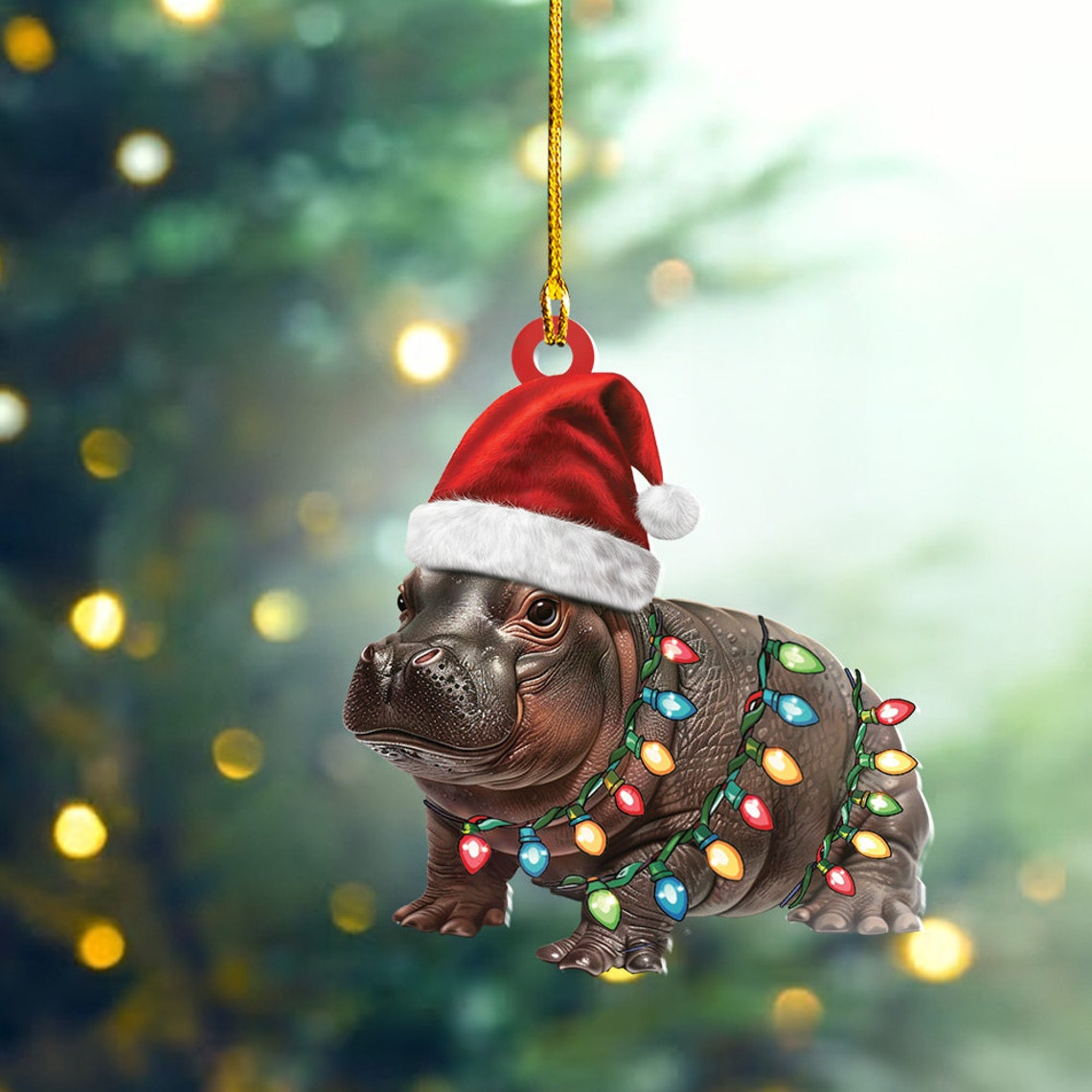 Baby Hippo Moo Deng Christmas Light Ornament, Christmas Pygmy Hippo Wearing Hat Santa Ornament