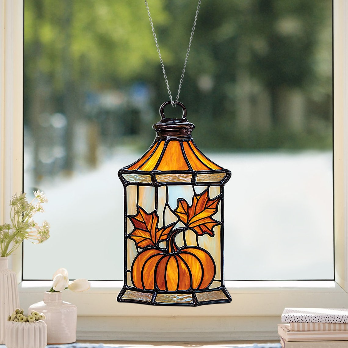 Lantern Pumpkin Autumn Suncatcher, Lantern Pumpkin Hanging Ornament Decor