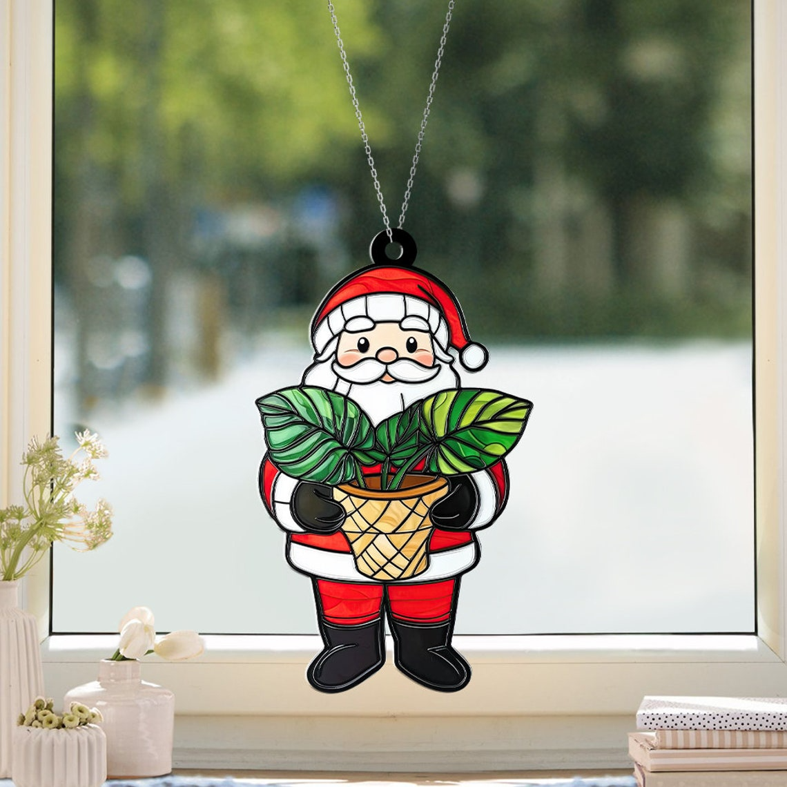 Cute Santa Monstera Pot Suncatcher Ornament, Monstera Window Hanging Christmas Decor