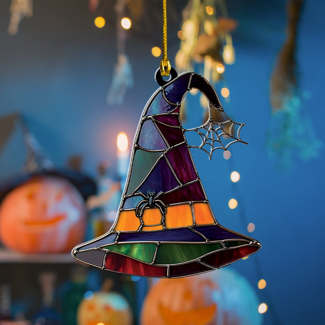 Spider Witch Hat Halloween Suncatcher, Witch Hat Window Hanging Ornament Home Decor