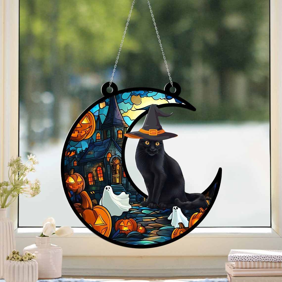 Witchy Cat on the Moon Haunted House Suncatcher, Cat Hanging Ornament Halloween Decor