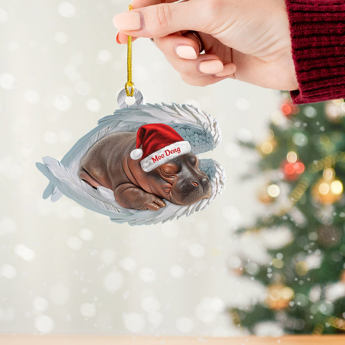 Baby Hippo Moo Deng Hanging Ornament Gift, Pygmy Hippo Sleeping Angel Wings Car Ornament