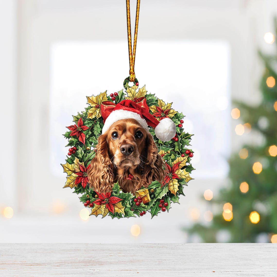 Cocker Spaniel and Christmas Wreath Hanging Ornament, Ornament Dog Car Christmas Decor Gift