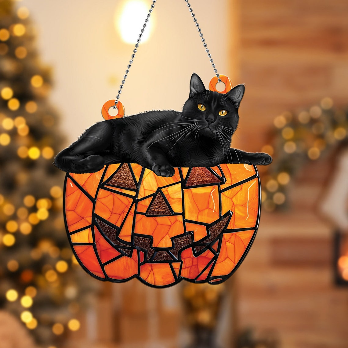 Black Cat Lying on the Pumpkin Halloween Hanging Suncatcher, Black Cat Pumpkin Ornament Decor