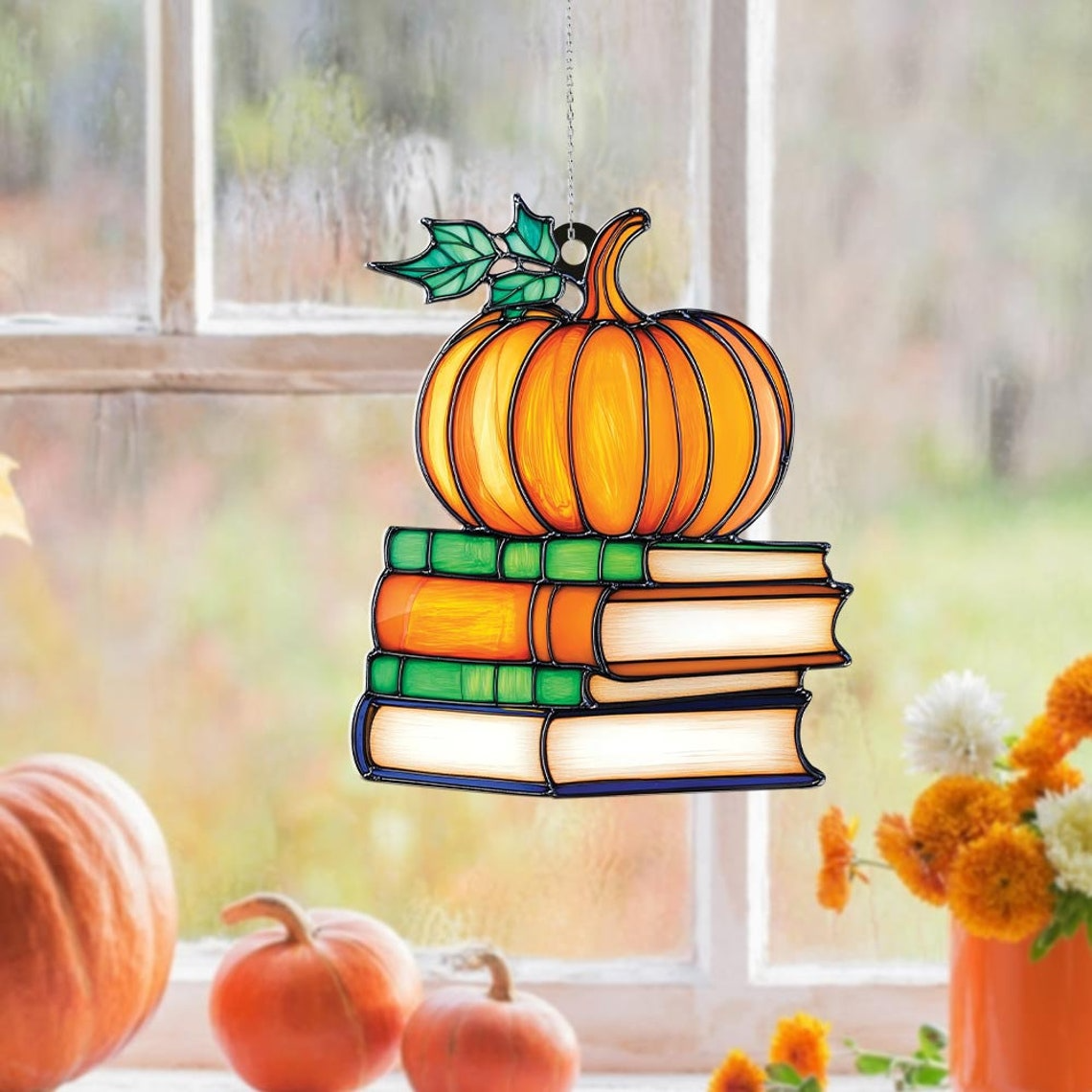 Pumpkin Books Suncatcher Ornament, Halloween Books Pumpkin Fall Ornament