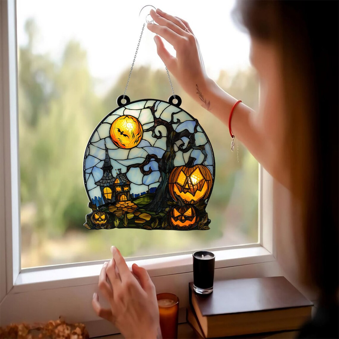 Halloween Haunted House Pumpkin Hanging Suncatcher, Halloween Castle Hanging Ornament Decor