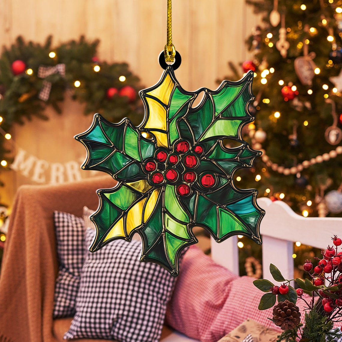 Poinsettia Christmas Suncatcher, Poinsettia Christmas Window Ornament