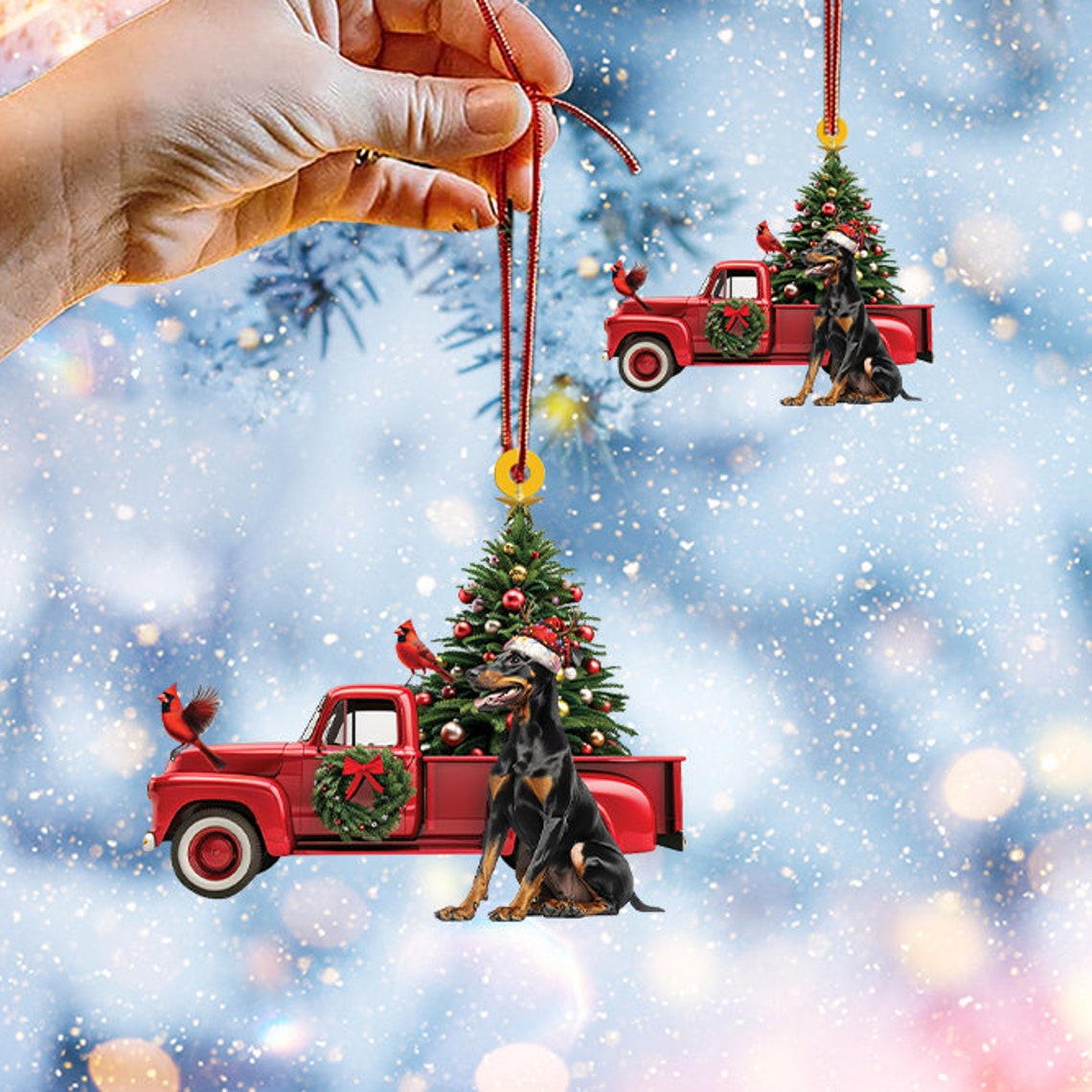 Christmas Doberman Pinscher Dog and Red Truck Ornament, Dobermann Dog Christmas Ornament Gif