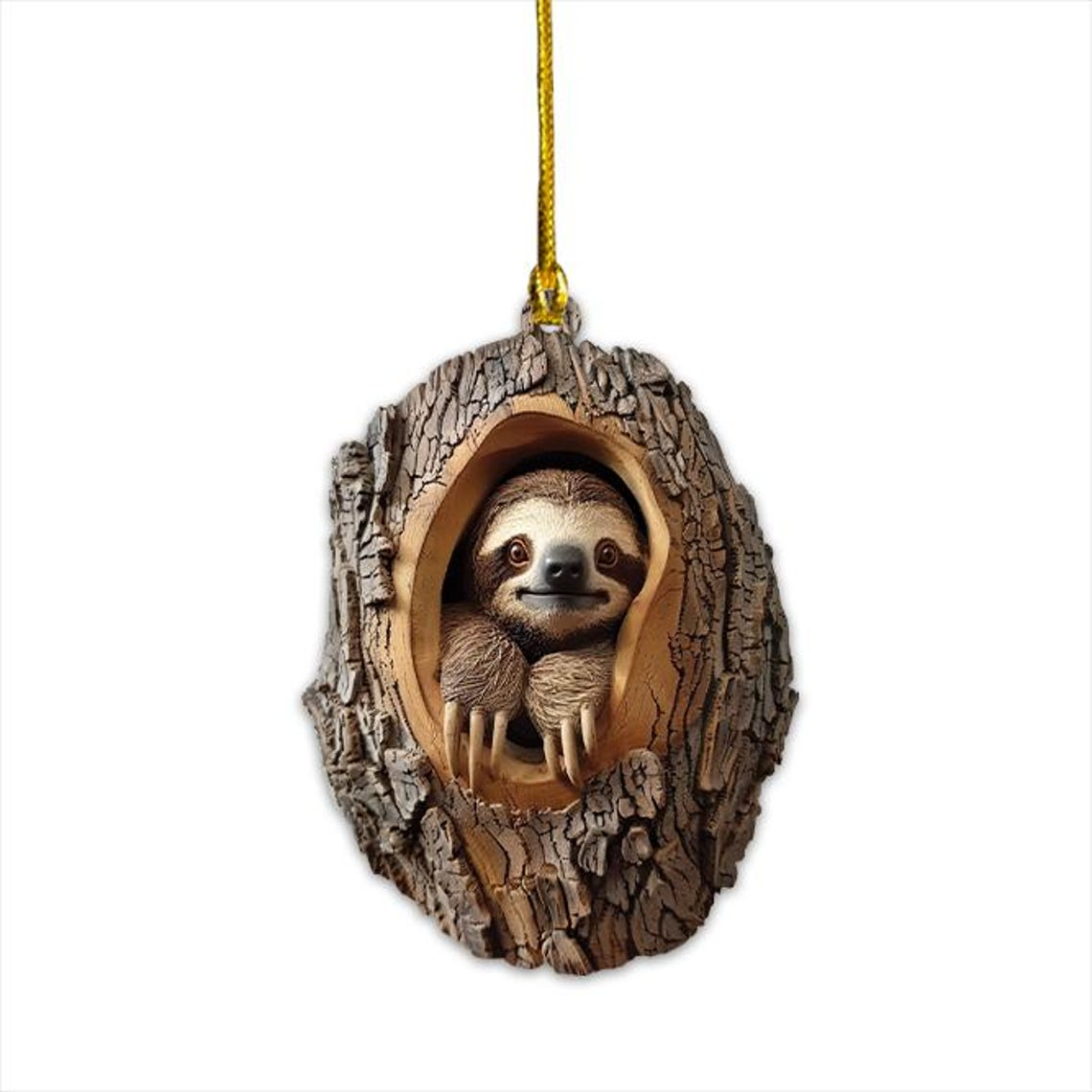 Sloth Flat Hanging Christmas Ornament, Christmas Sloth in the Hollow Tree Ornament Holiday