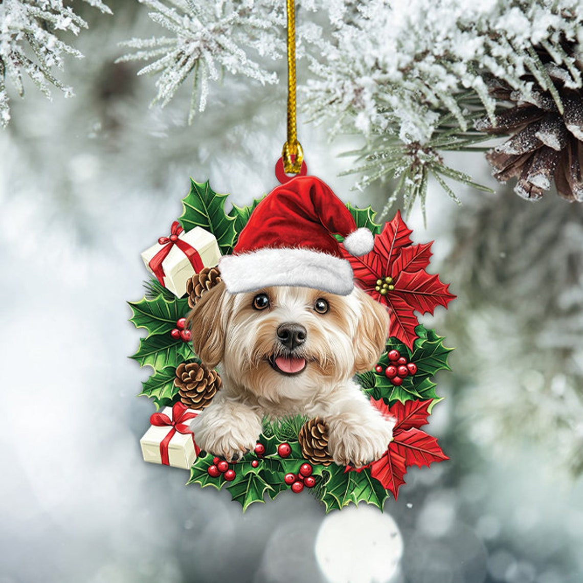 Havanese Dog Christmas Wreath Ornament, Cute Dog Christmas Ornament Lovers Holiday Gift