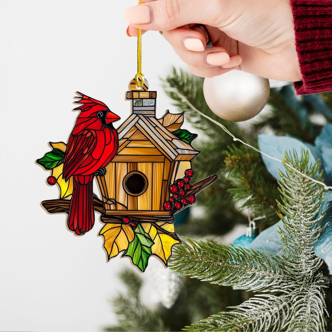 Cardinal House Suncatcher Ornament, Cardinal Christmas Ornament