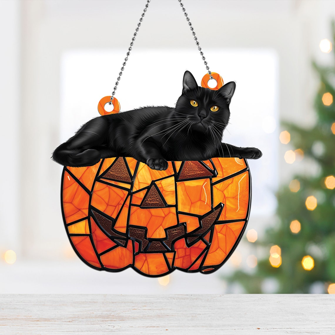 Black Cat Lying on the Pumpkin Halloween Hanging Suncatcher, Black Cat Pumpkin Ornament Decor