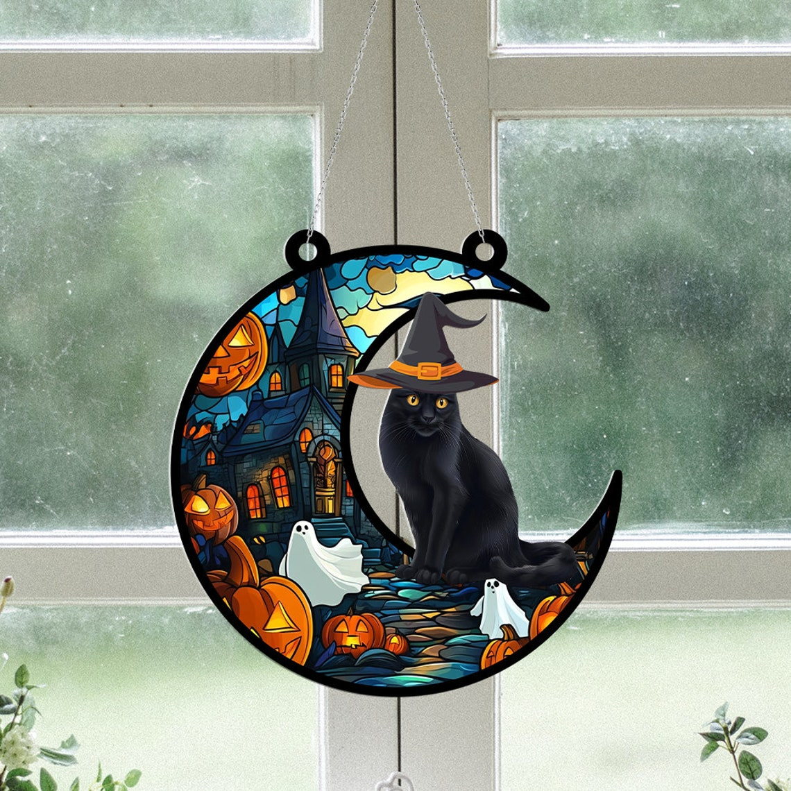 Witchy Cat on the Moon Haunted House Suncatcher, Cat Hanging Ornament Halloween Decor