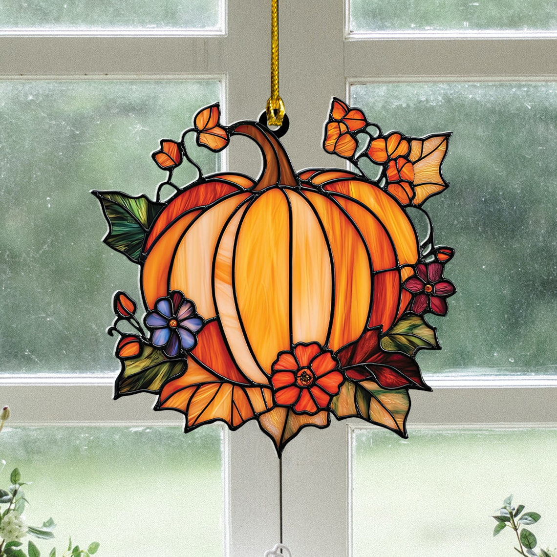 Vintage Pumpkin Leaves and Flower Suncatcher, Halloween Suncatcher Ornament Decor