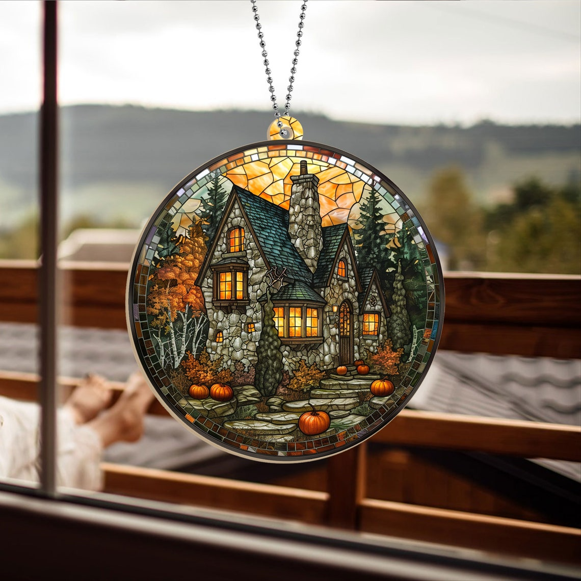 Wizard Castle with Pumpkin Suncatcher, Halloween Circle Suncatcher Ornament