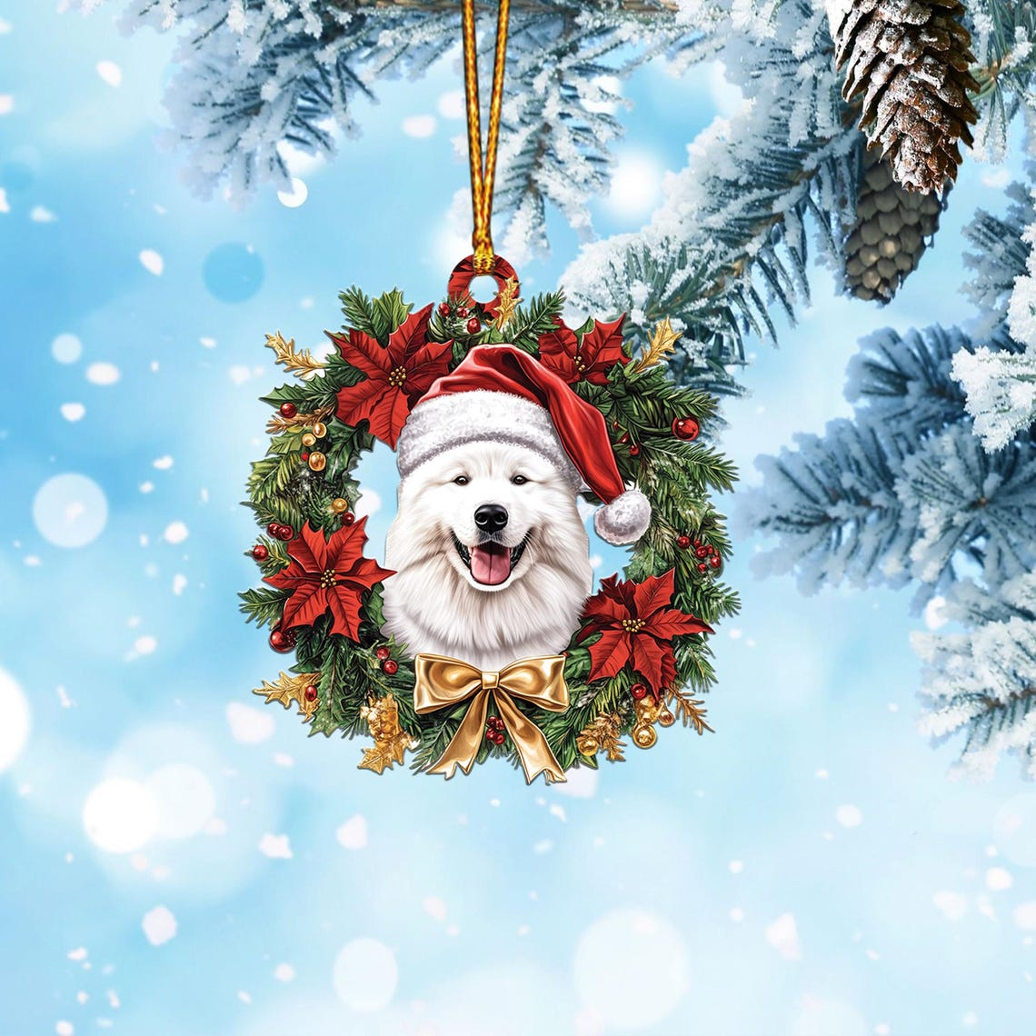 Cute Samoyed Dog Christmas Wreath Ornament, Samoyed Hanging Christmas Ornament Decor Gift