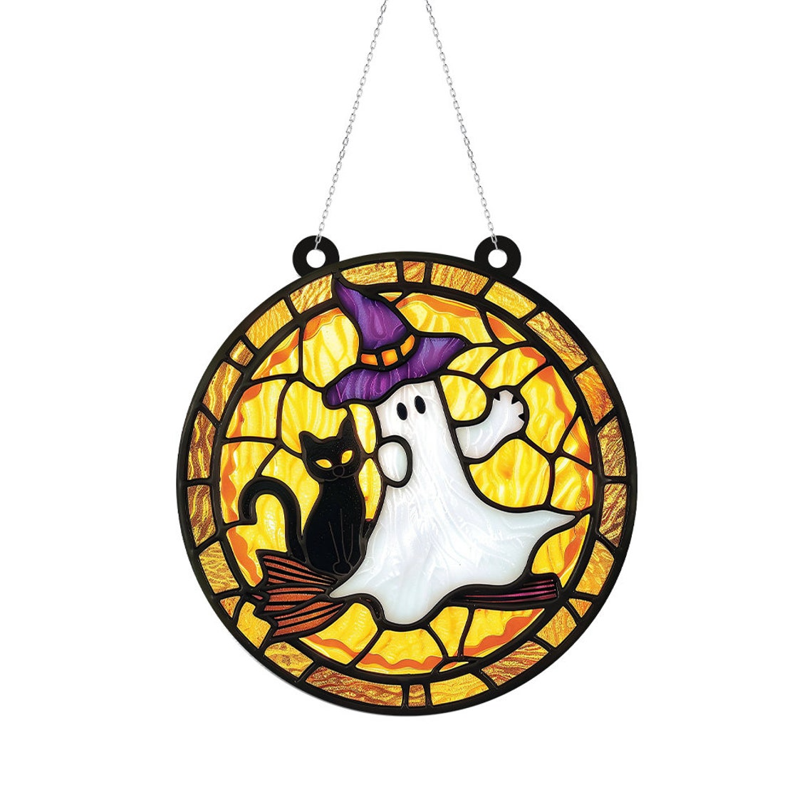 Black Cat & Witchy Ghost Halloween Suncatcher, Ghost Cat Hanging Window Ornament