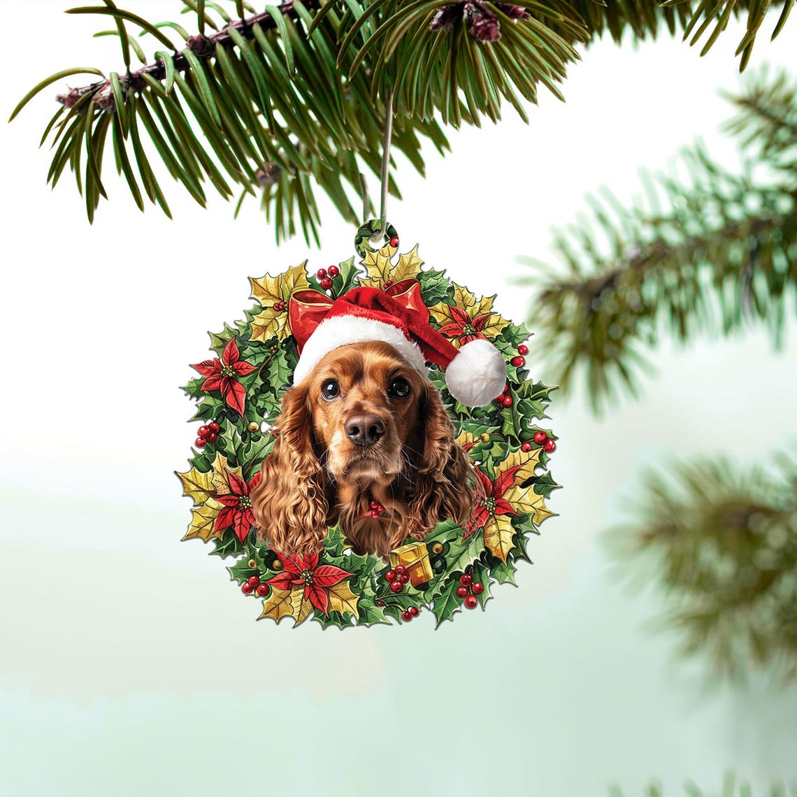 Cocker Spaniel and Christmas Wreath Hanging Ornament, Ornament Dog Car Christmas Decor Gift