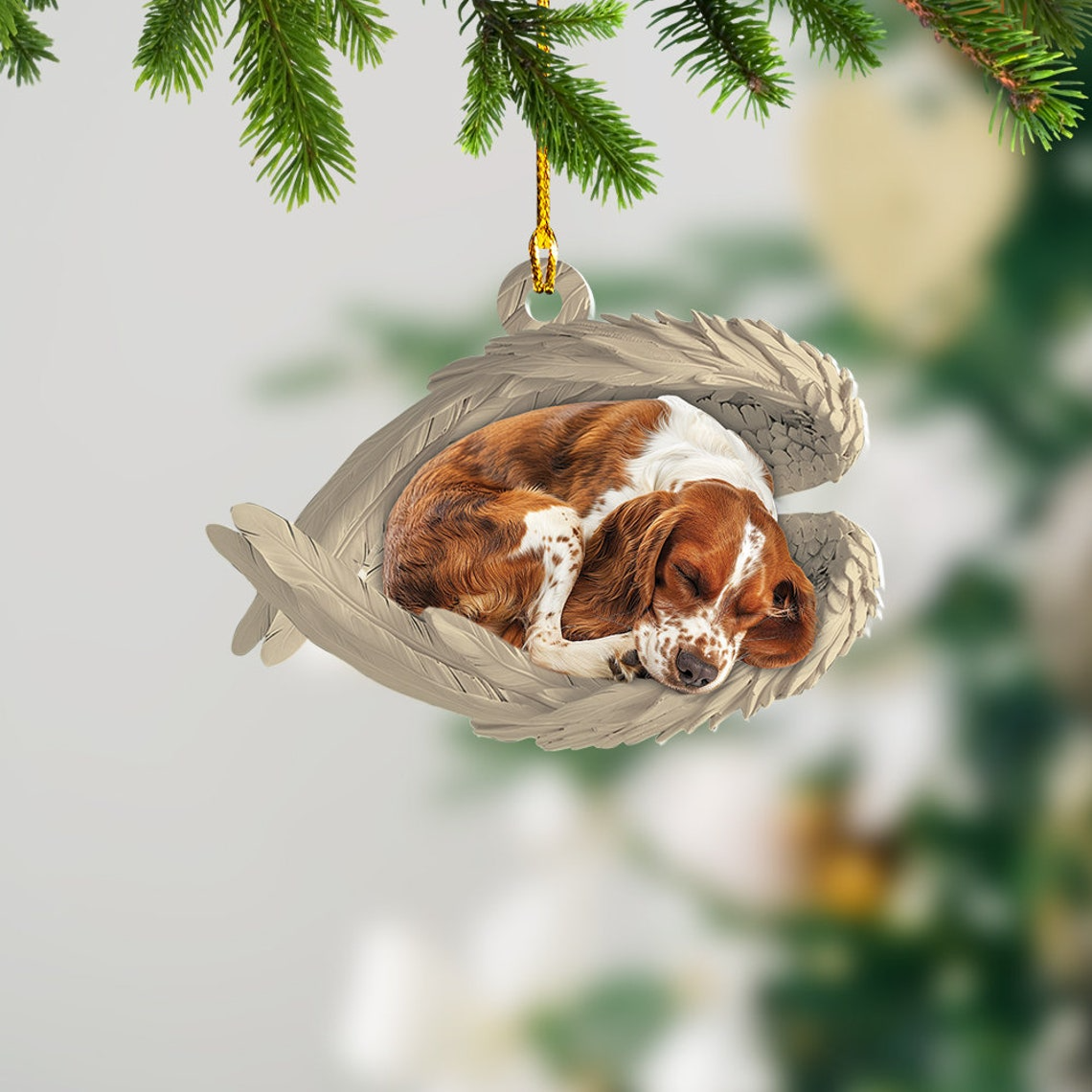 Brittany Spaniel Dog Sleeping Angel Wings Ornament Gift, Brittany Spaniel Dog Car Christmas Ornament