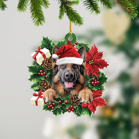 German Shepherd Dog Christmas Wreath Ornament, German Shepherd Dog Christmas Ornament