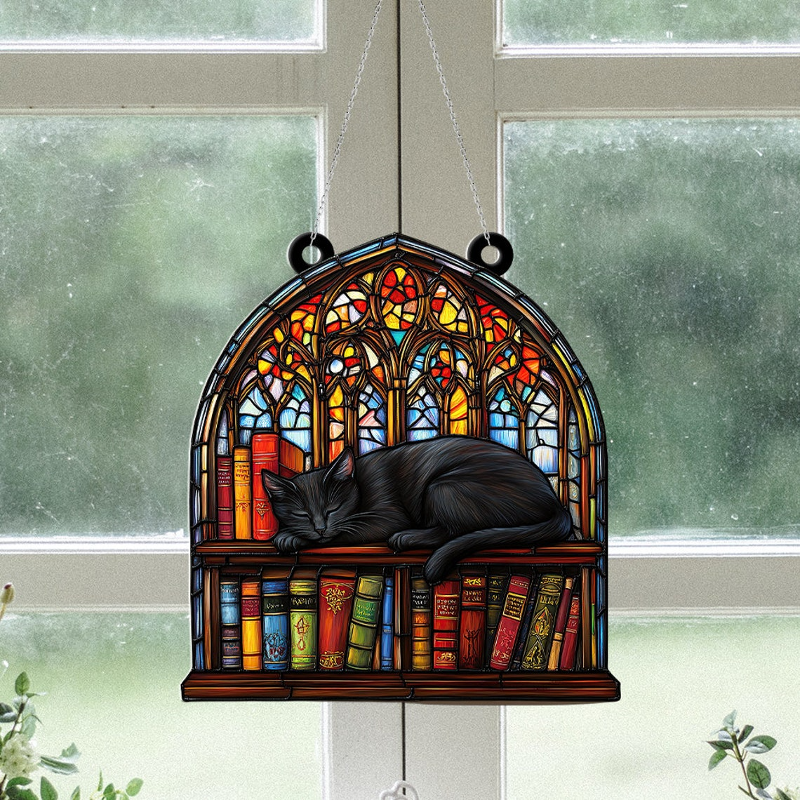 Black Cat Sleeping on Books Suncatcher, Pet Lovers Hanging Window Ornament Decor