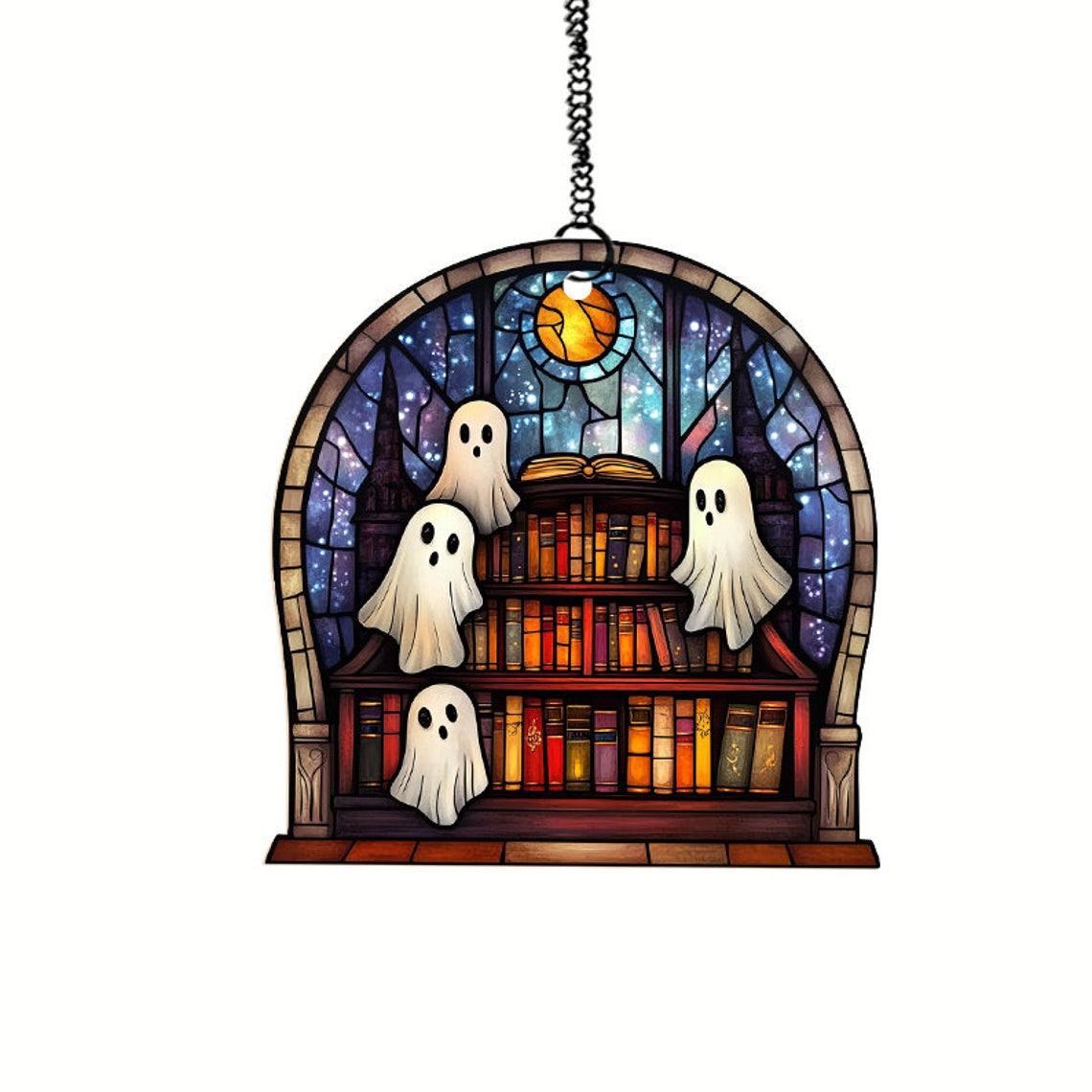 Classic Ghosts in Haunted Library Ornament Suncatcher, Spooky Ghost Home Decor Gift